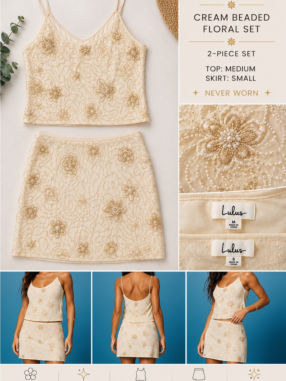 Lulus Cream Beaded Floral 2-Piece Set – 
Matching Set – Medium Top / Small Skirt